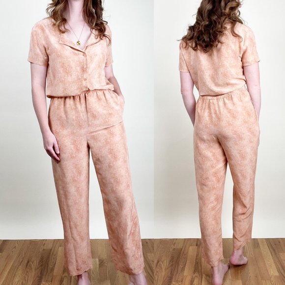 Vintage 100% Silk Matching Set Pants Short Sleeve Button Up Shirt Light Coastal - Picture 2 of 5